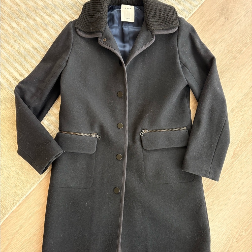 Sandro Dark Blue Wool Coat with Ribbed Collar and Buttons size 4 US / 36 FR